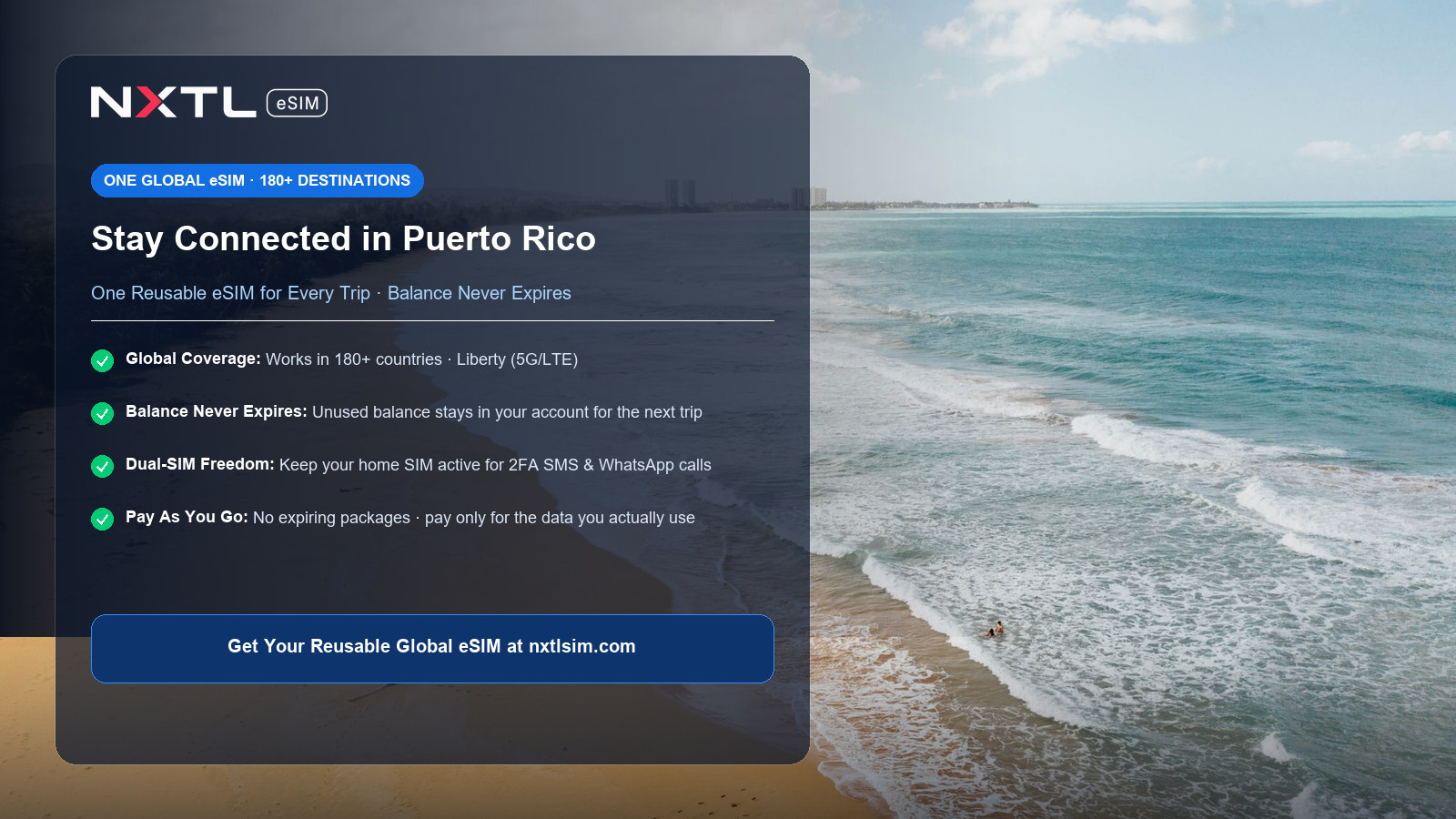 NXTL Puerto Rico Travel eSIM mobile data card featuring reliable 5G and LTE coverage, pay-as-you-go data, and non-expiring balance