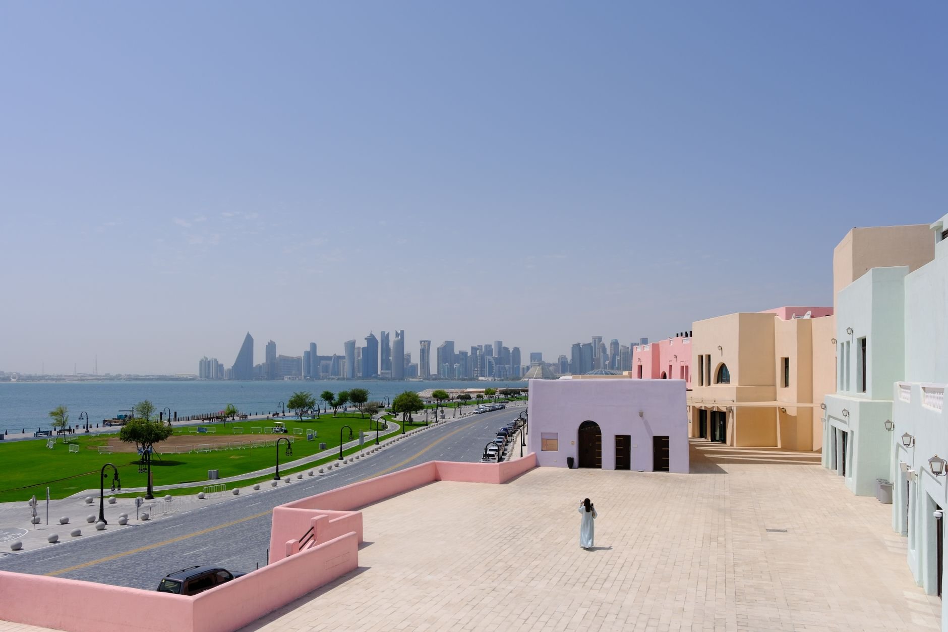 Neoclassical marble amphitheater overlooking the Arabian Gulf at Katara Cultural Village in northern Doha