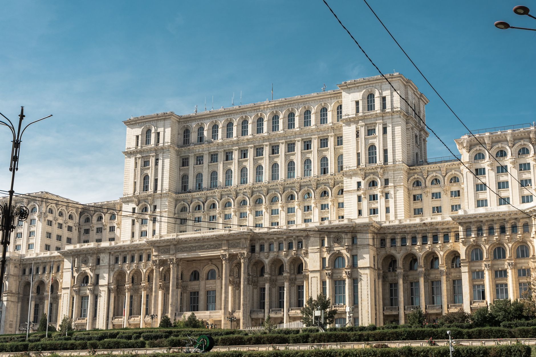 Colossal marble and limestone neoclassical facade of the Palace of the Parliament in central Bucharest