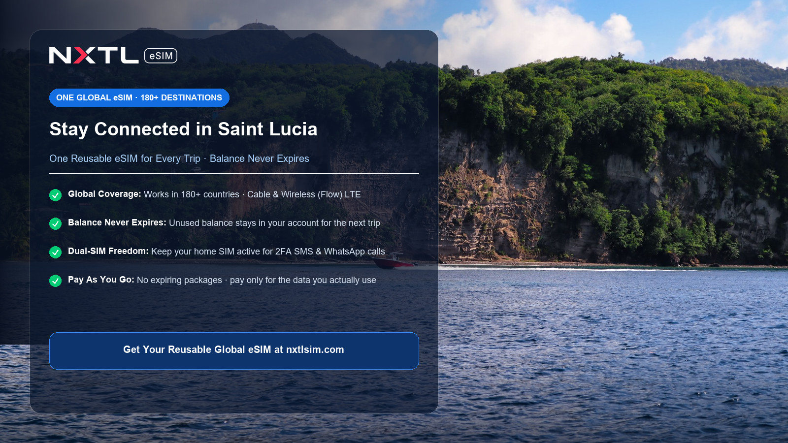 NXTL Saint Lucia Travel eSIM mobile card highlighting fast LTE connectivity on Cable and Wireless network