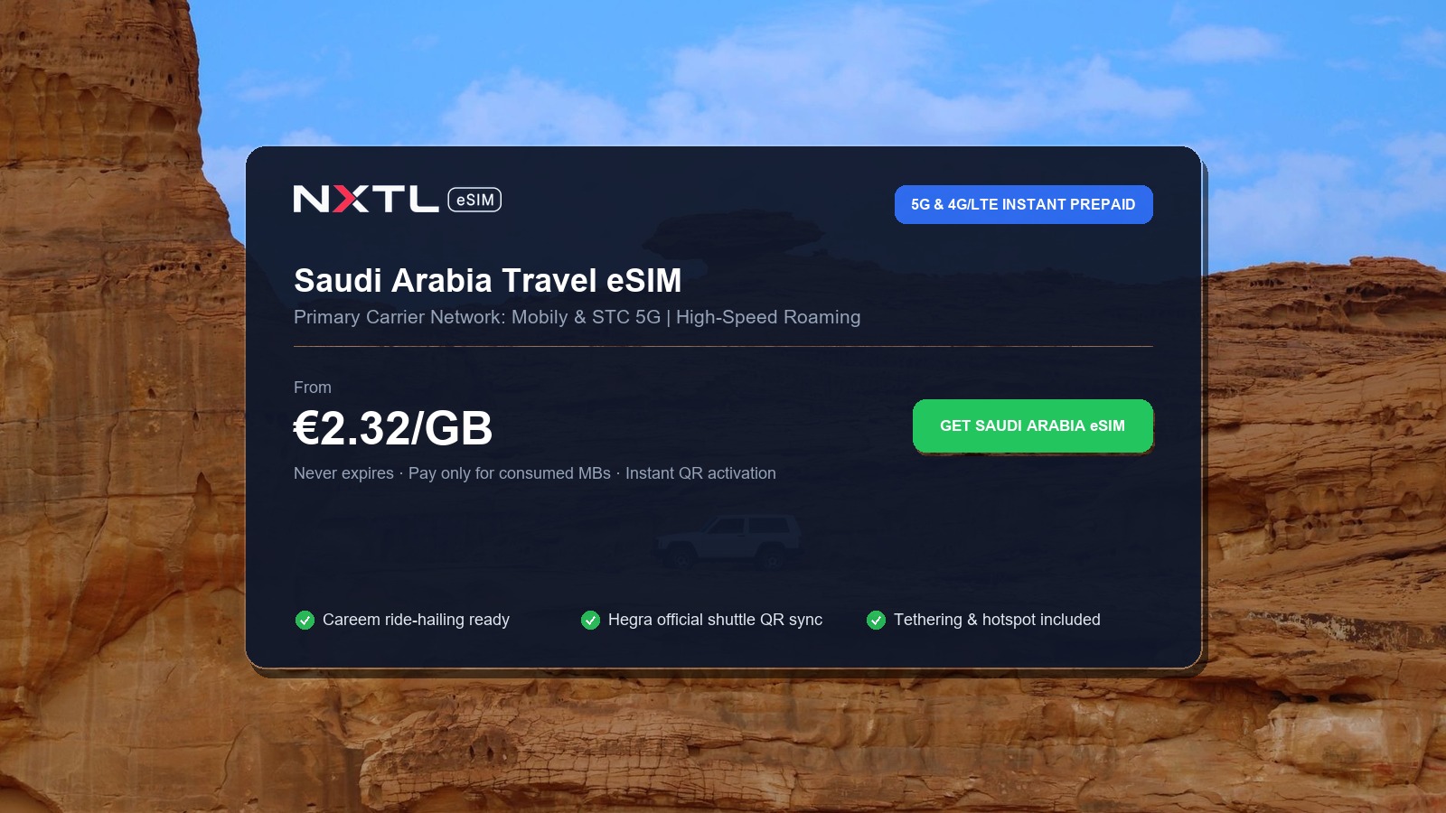 NXTL Saudi Arabia prepaid travel eSIM data package options and instant 5G cellular network connectivity across Riyadh, AlUla and Jeddah