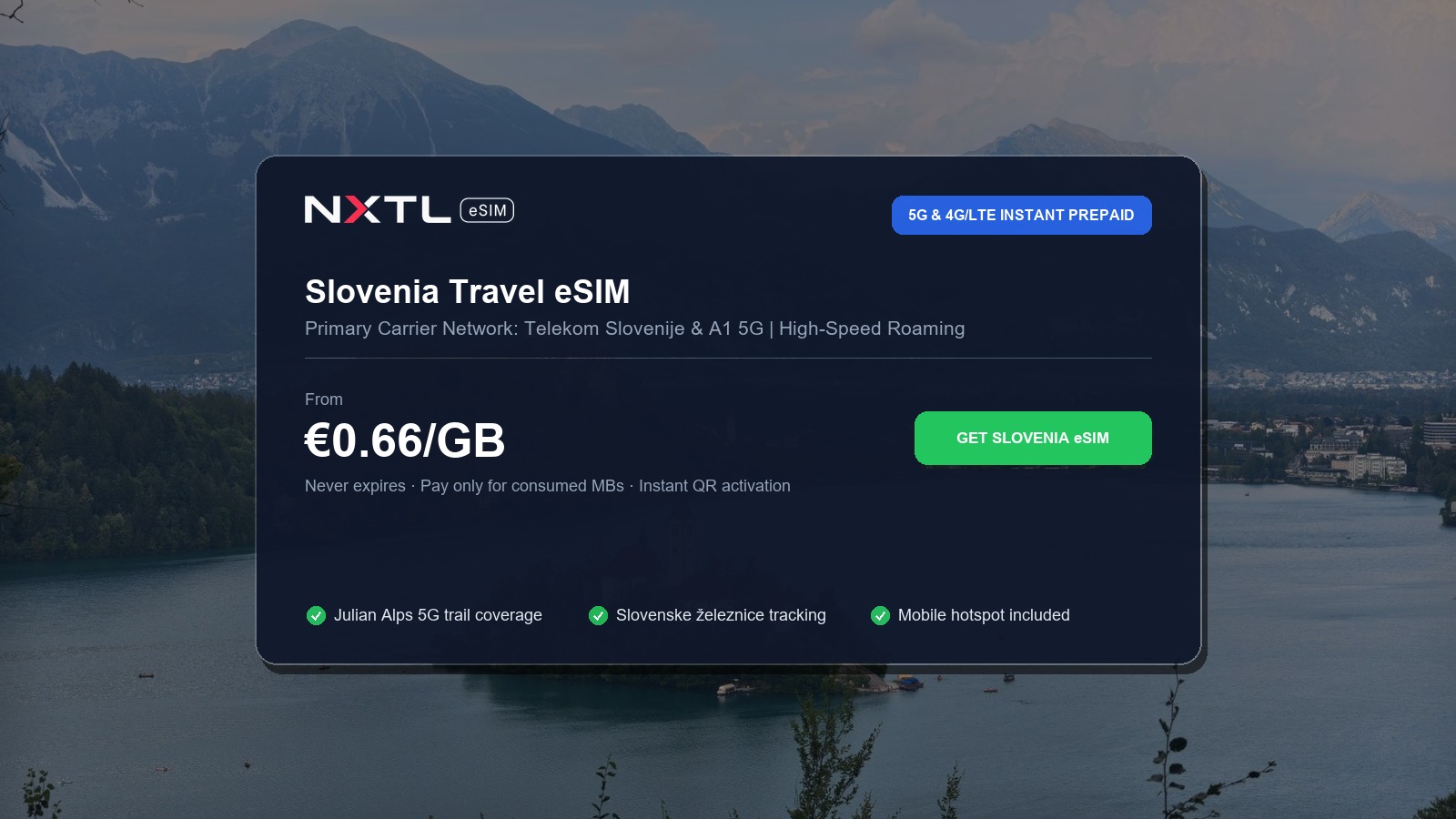 NXTL Global eSIM — one reusable eSIM for 180+ countries with high-speed data across Slovenia