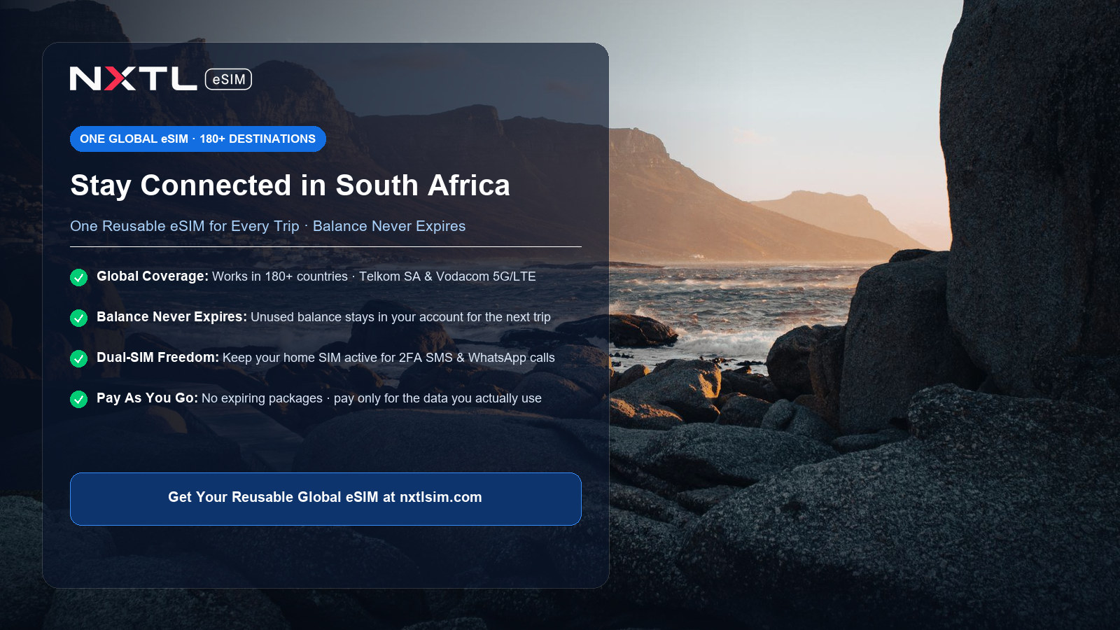 NXTL Global eSIM — one reusable eSIM for 180+ countries with high-speed data across South Africa