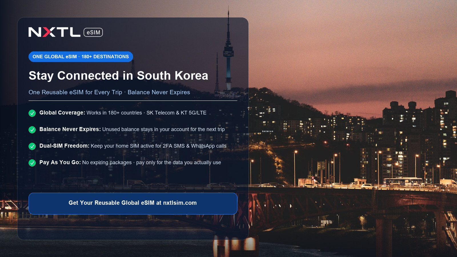 NXTL Global eSIM — one reusable eSIM for 180+ countries with high-speed data across South Korea