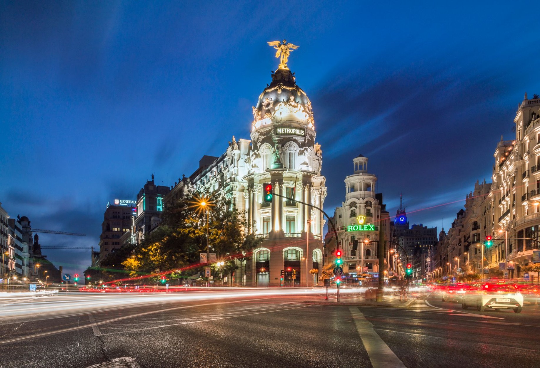 Grand Belle Époque and Art Deco facades lining Gran Vía in central Madrid
