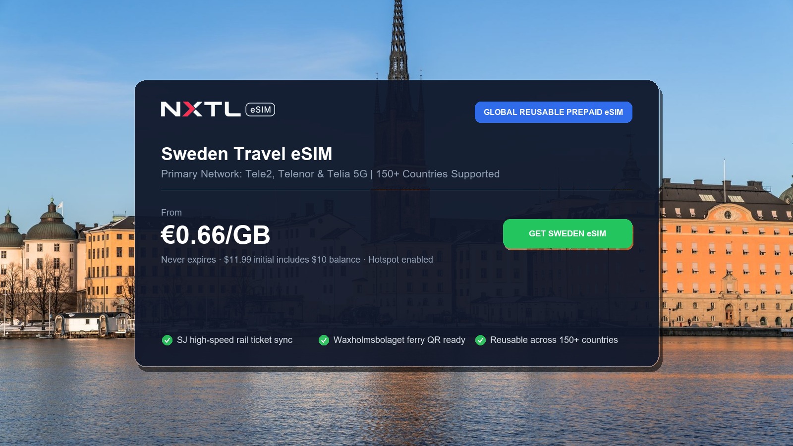 NXTL Global eSIM — one reusable eSIM for 180+ countries with high-speed data across Sweden