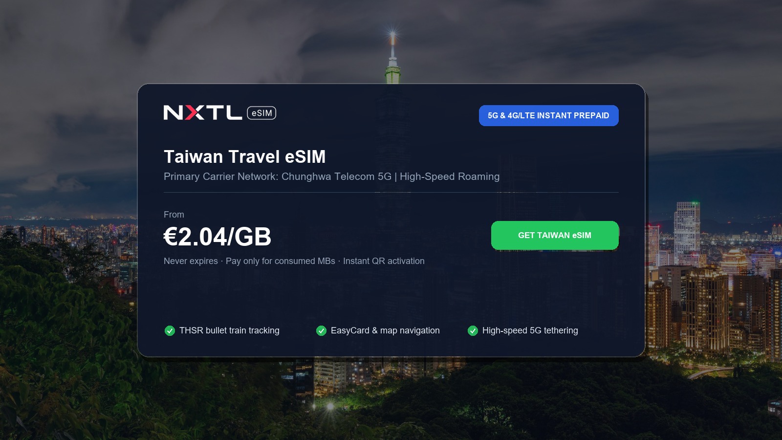 NXTL Taiwan prepaid travel eSIM high-speed coverage options across the Taiwan High Speed Rail corridor