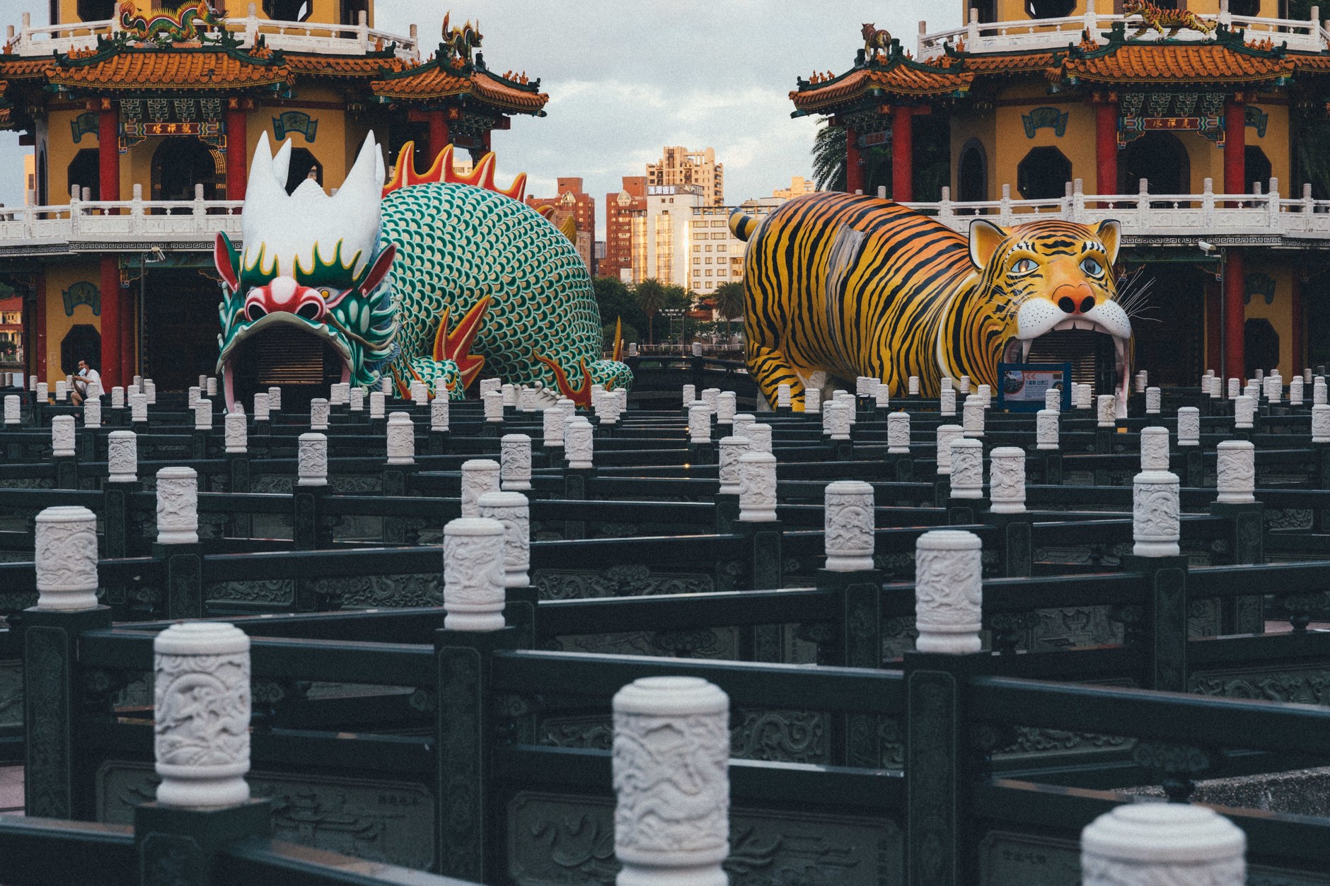 The colorful Dragon and Tiger Pagodas reflected on Lotus Pond in Kaohsiung