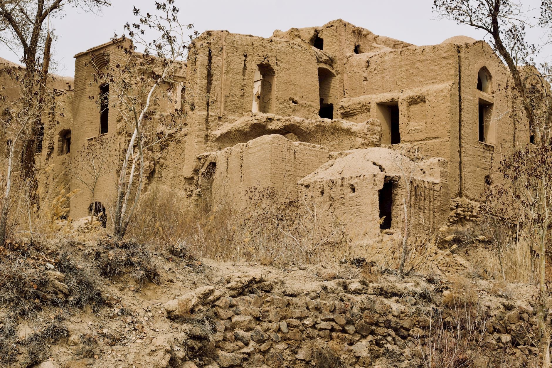 Excavated mudbrick walls and foundations of the ancient 5th-century Sogdian city of Panjakent