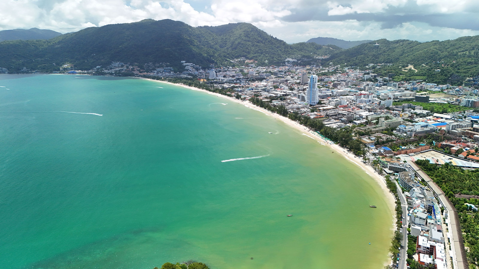 Aerial view of Patong Beach and its built-up shoreline in Phuket