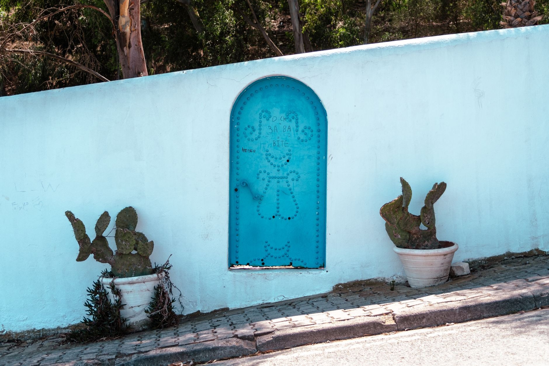 Iconic studded blue wooden door surrounded by whitewashed walls and bright pink bougainvillea flowers in Sidi Bou Said