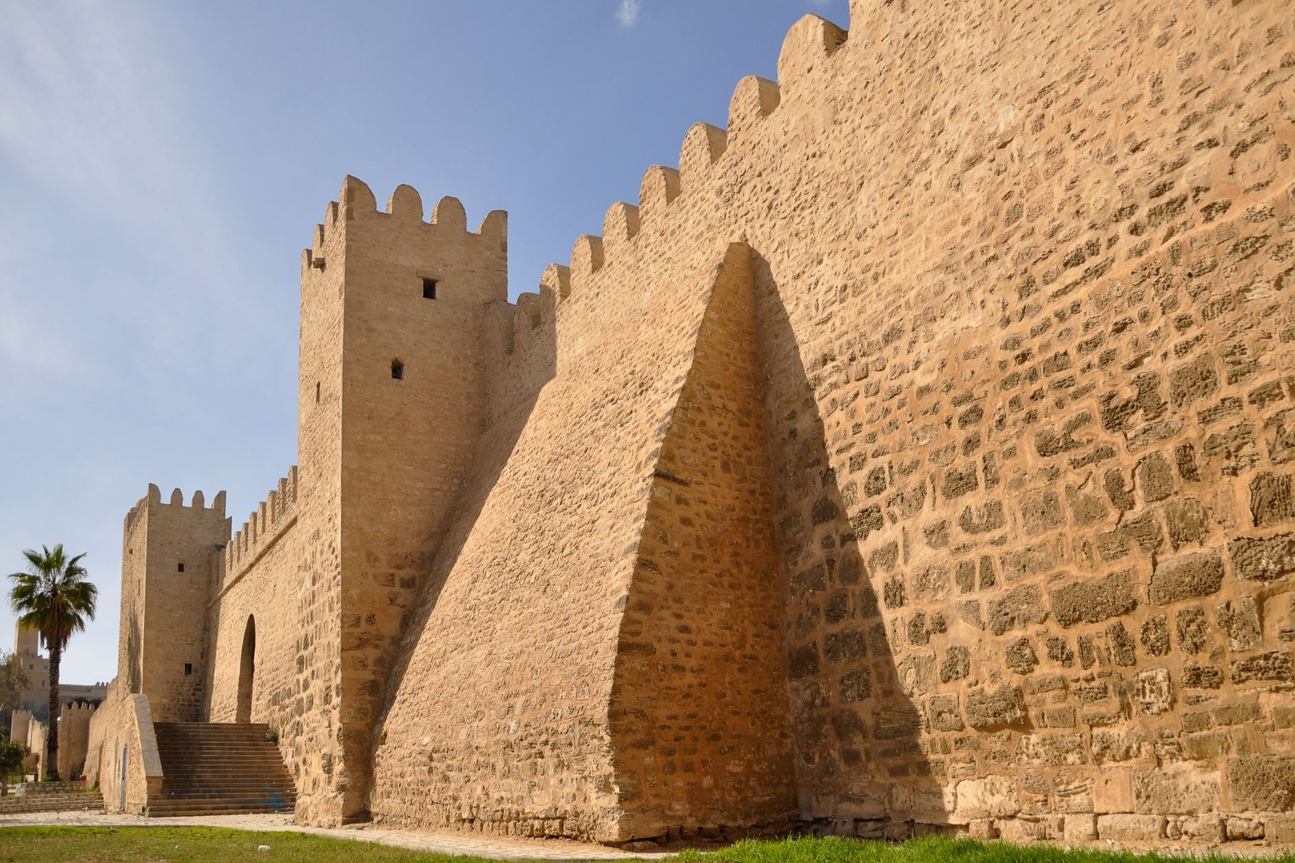 Formidable 8th-century stone battlements and watchtower of the coastal Ribat fortress in Sousse Tunisia
