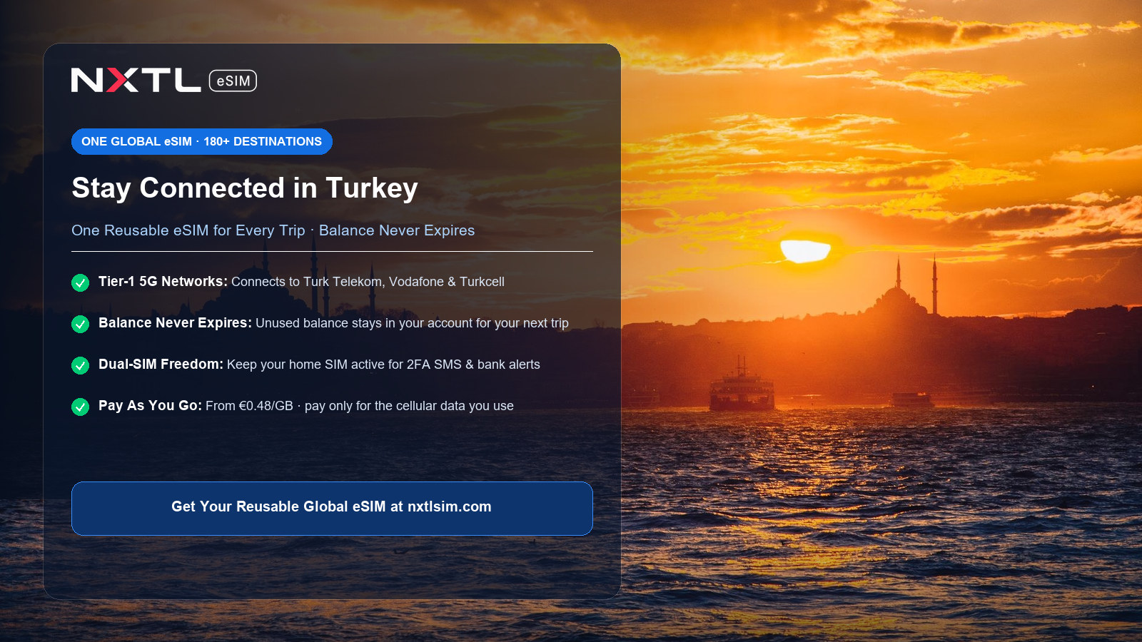 NXTL Global eSIM — one reusable eSIM for 180+ countries with high-speed data across Turkey