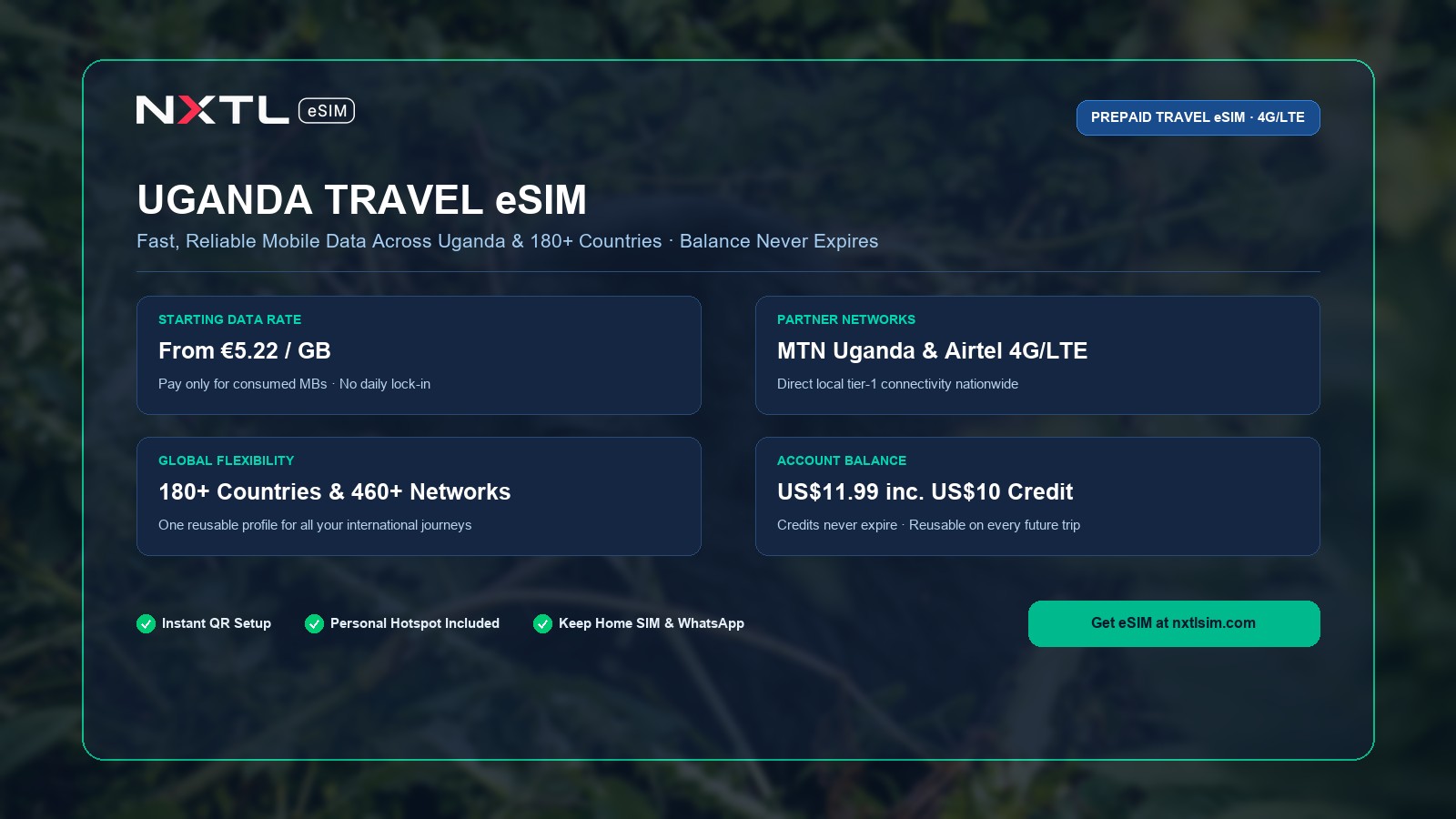 NXTL Uganda Travel eSIM prepaid data plan starting at $5.90 per gigabyte with high-speed 4G network access