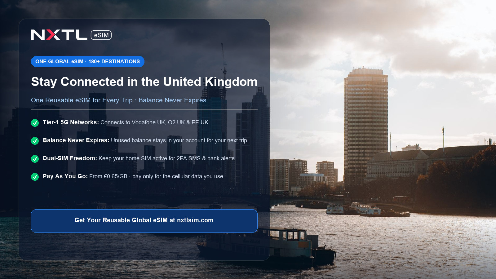 NXTL Global eSIM — one reusable eSIM for 180+ countries with high-speed data across the United Kingdom