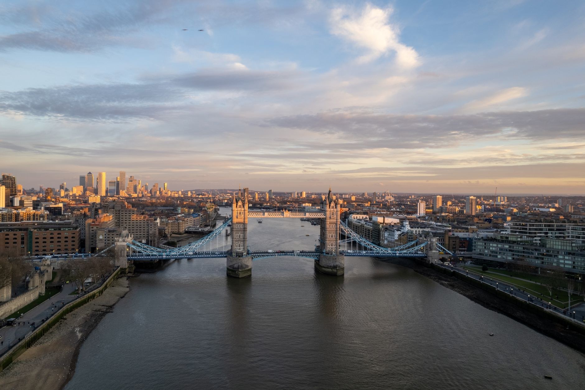 Victorian gothic towers and suspension cables of Tower Bridge over the River Thames