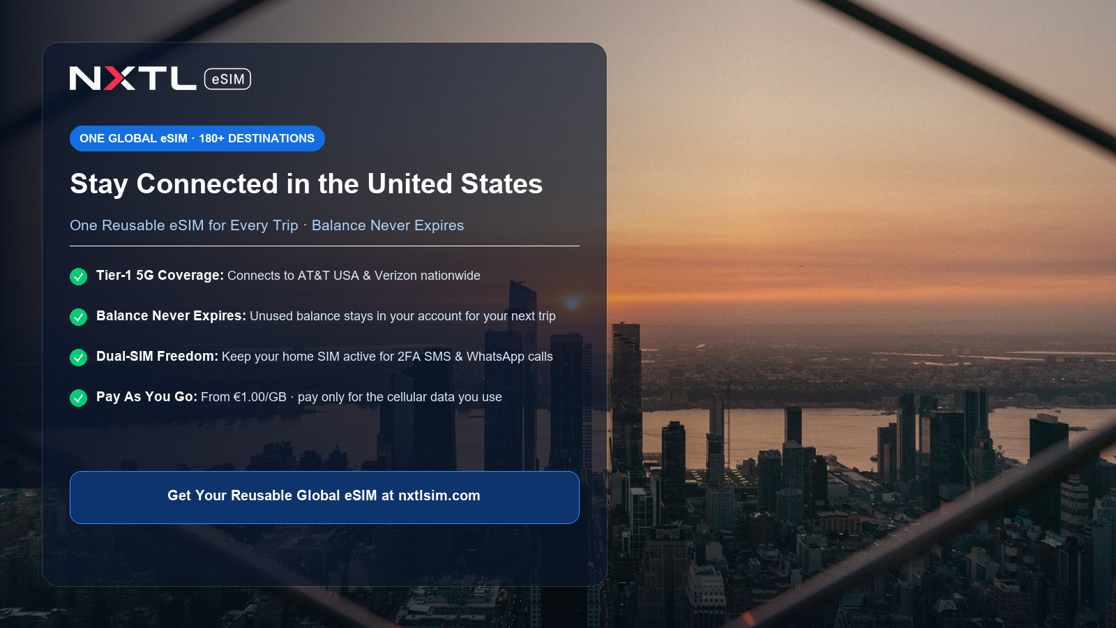 NXTL Global eSIM — one reusable eSIM for 180+ countries with high-speed 5G data across the United States