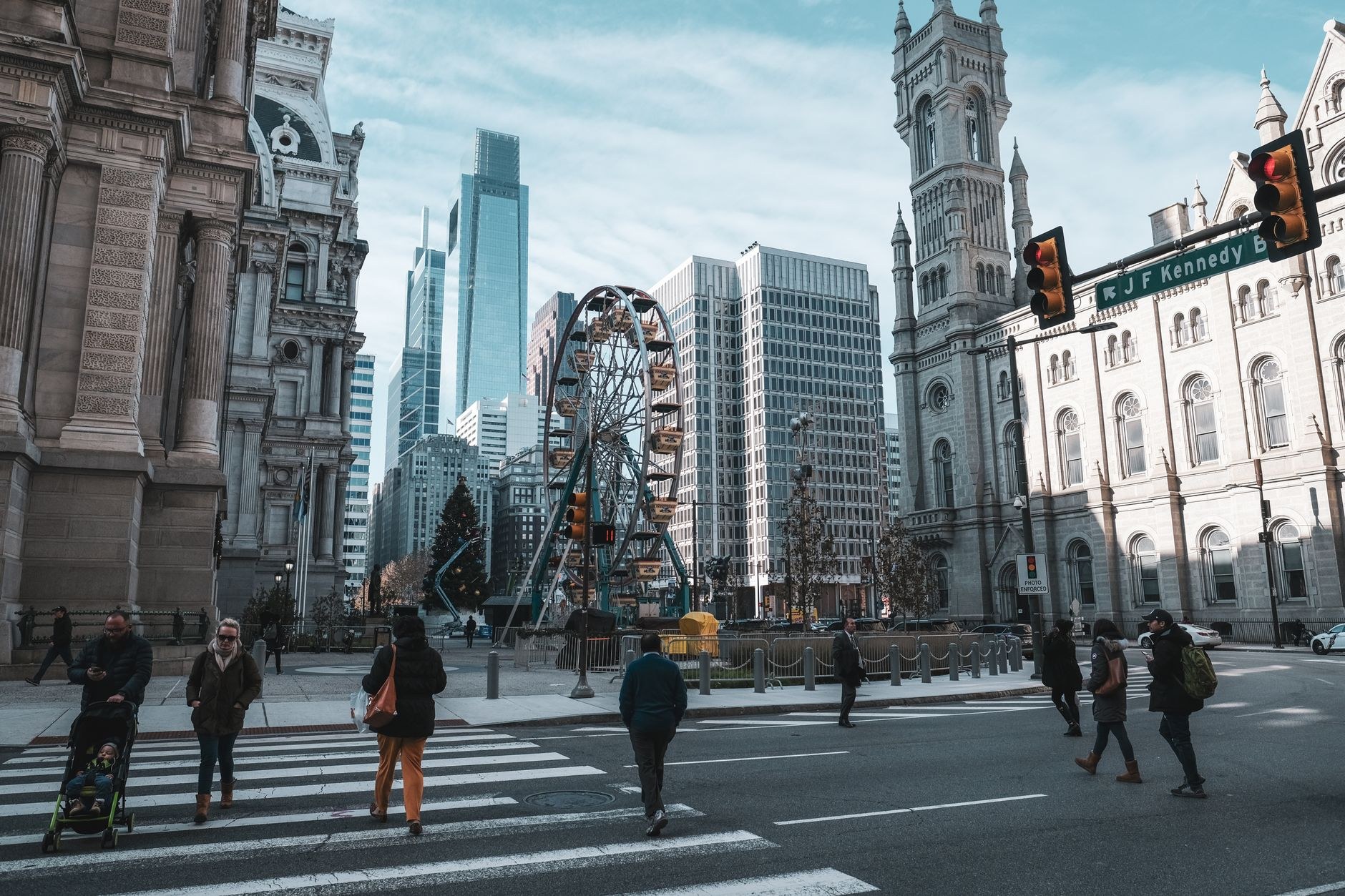 Historic Philadelphia City Hall tower viewed down Broad Street