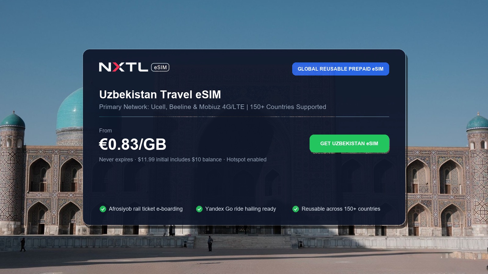 NXTL Global eSIM — one reusable eSIM for 180+ countries with high-speed data across Uzbekistan