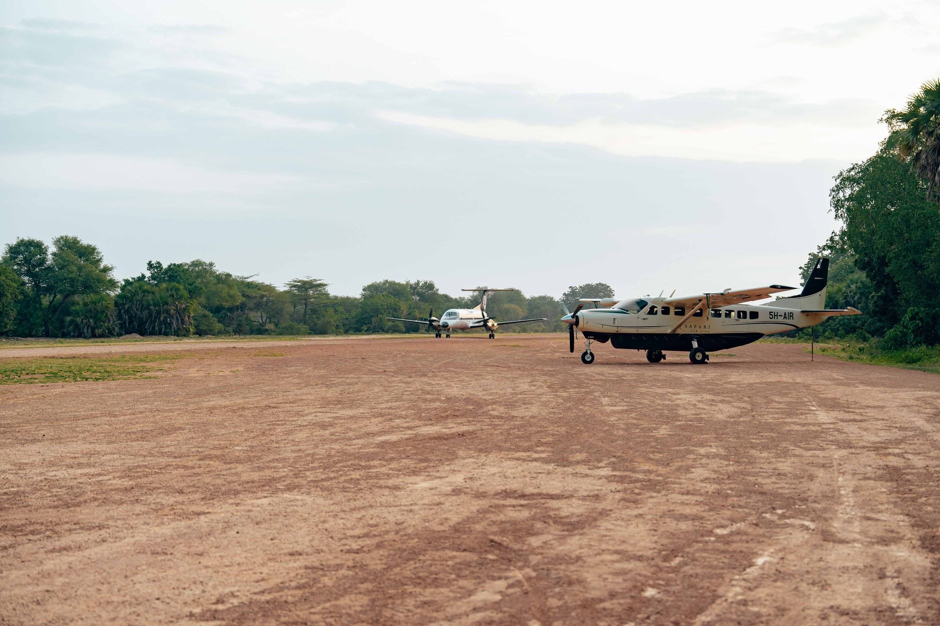 Light propeller aircraft parked on a remote sunlit bush airstrip surrounded by golden acacia woodland in Zambia