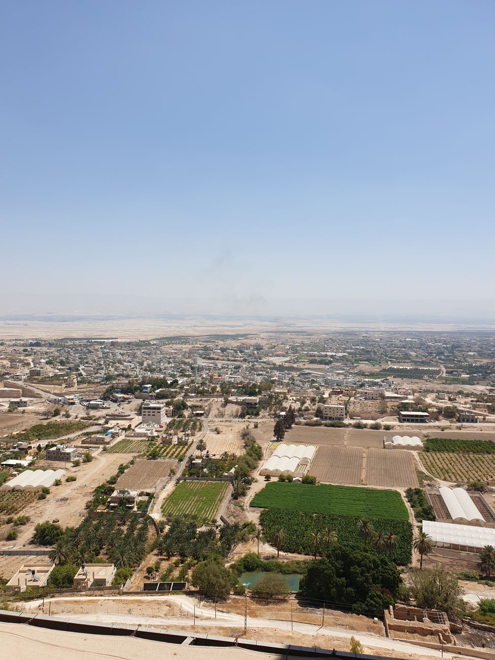 Aerial perspective across the ancient desert oasis and agricultural date palm groves of Jericho