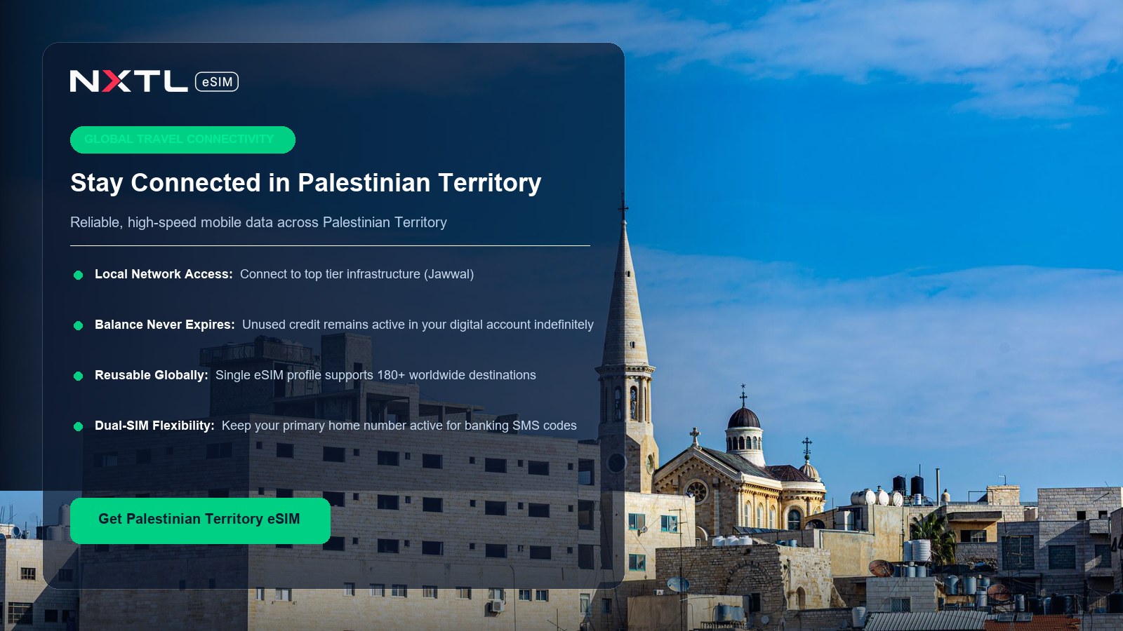 NXTL digital connectivity graphic illustrating mobile data coverage across Palestinian Territory transit corridors