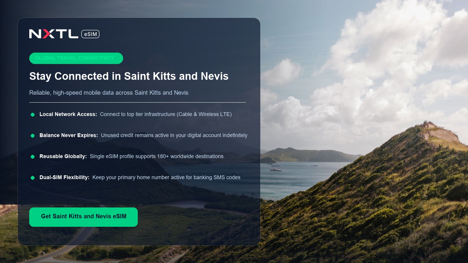 NXTL eSIM digital card for reliable mobile internet across Saint Kitts and Nevis