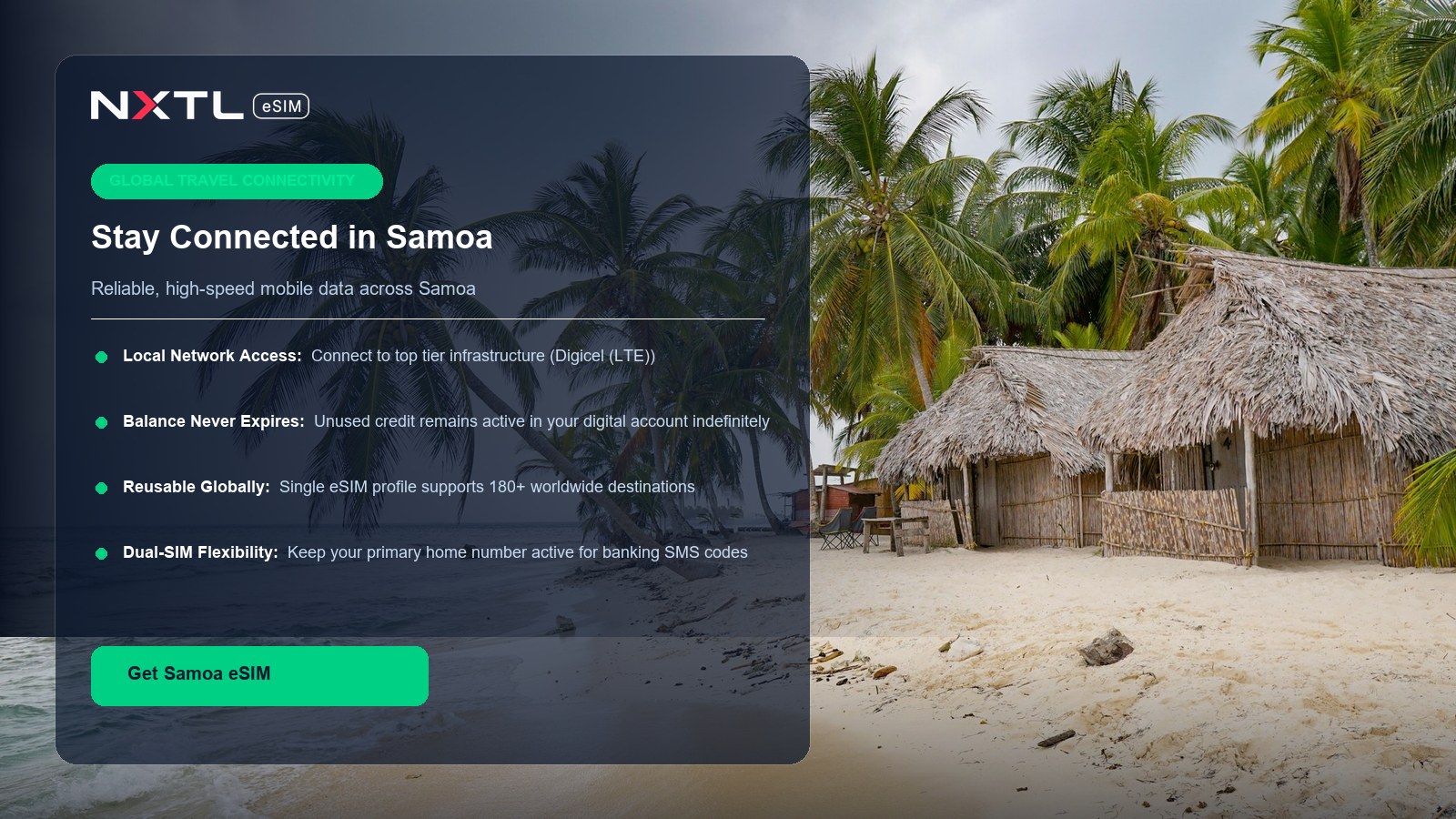 NXTL eSIM digital card for reliable mobile internet across Samoa