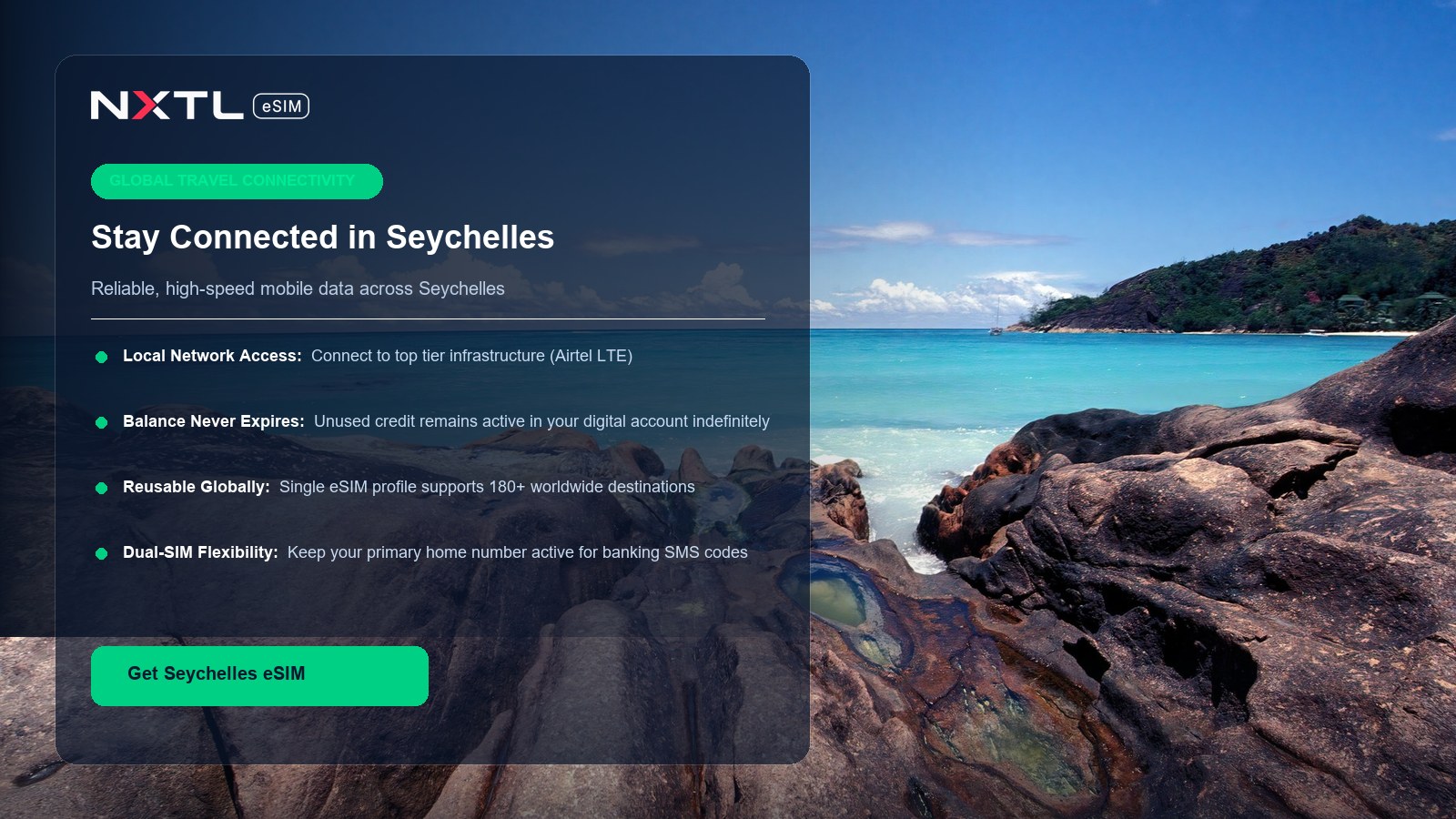 NXTL eSIM digital card for reliable mobile internet across Seychelles