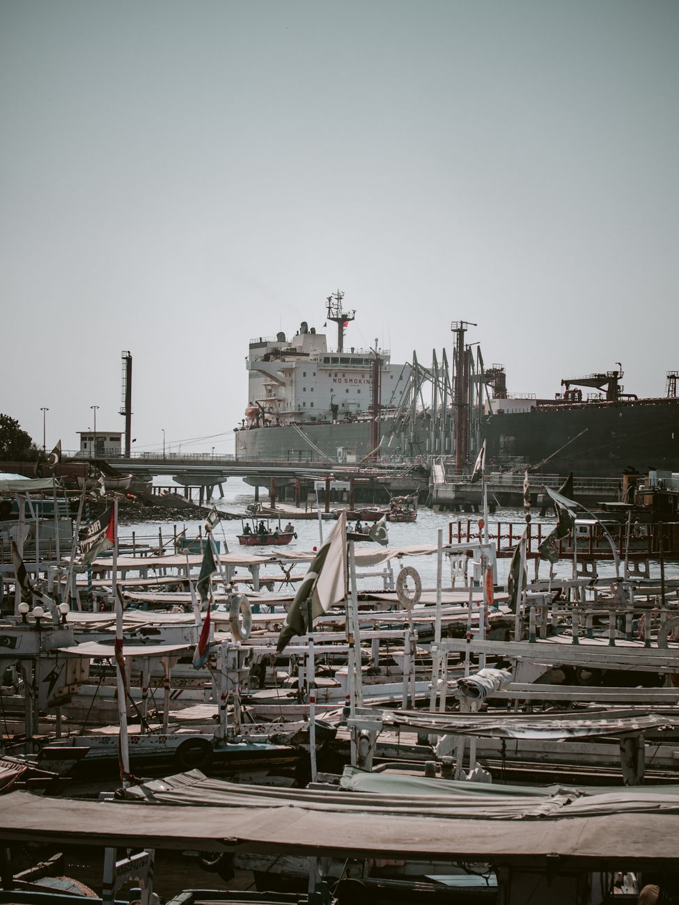Commercial container vessels and maritime harbor facilities along the Red Sea port of Port Sudan