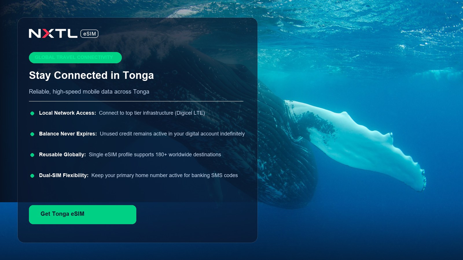NXTL eSIM connectivity card for mobile data coverage across the Kingdom of Tonga