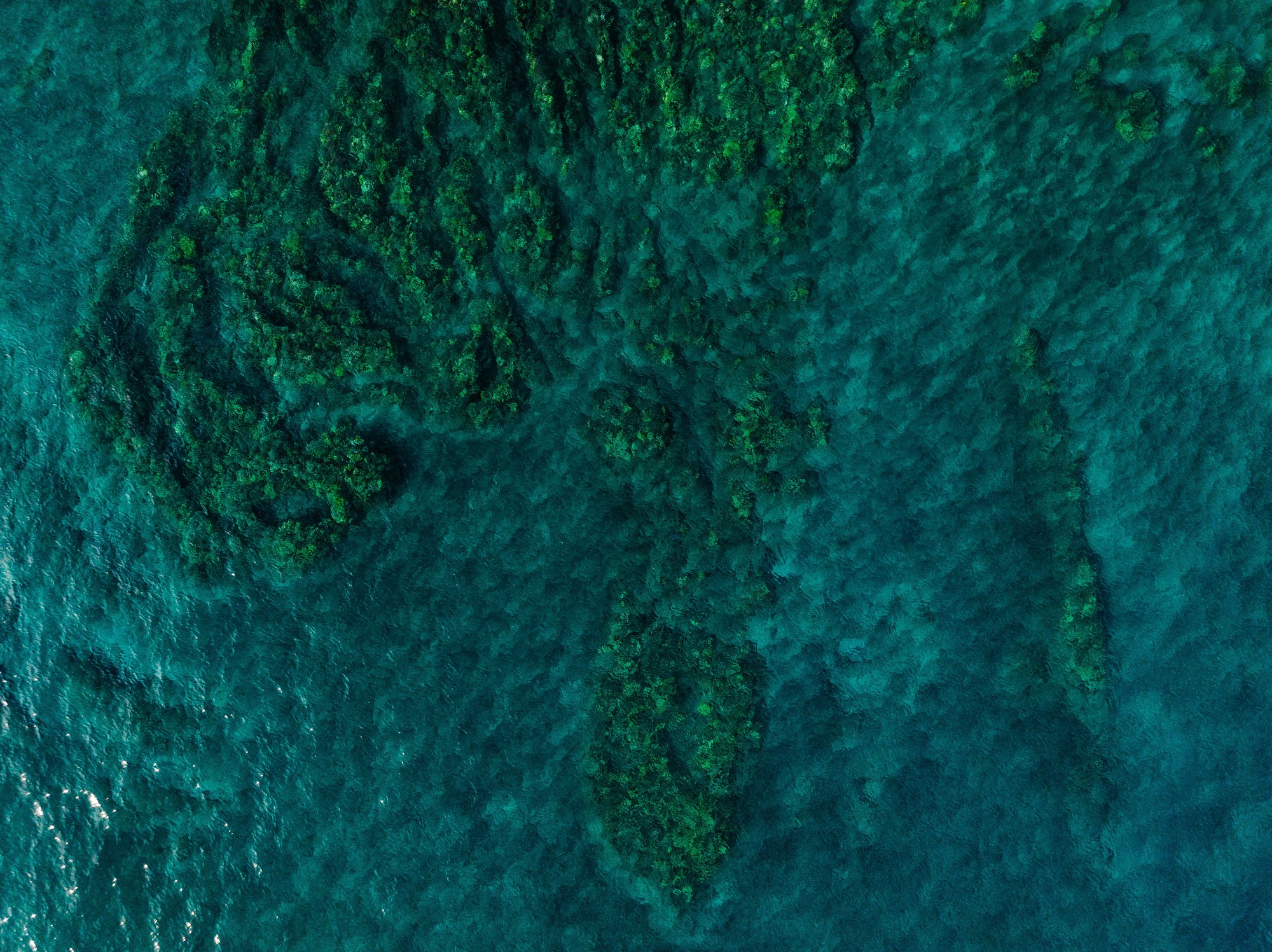 Aerial view of turquoise lagoon and coral reef edge in the South Pacific