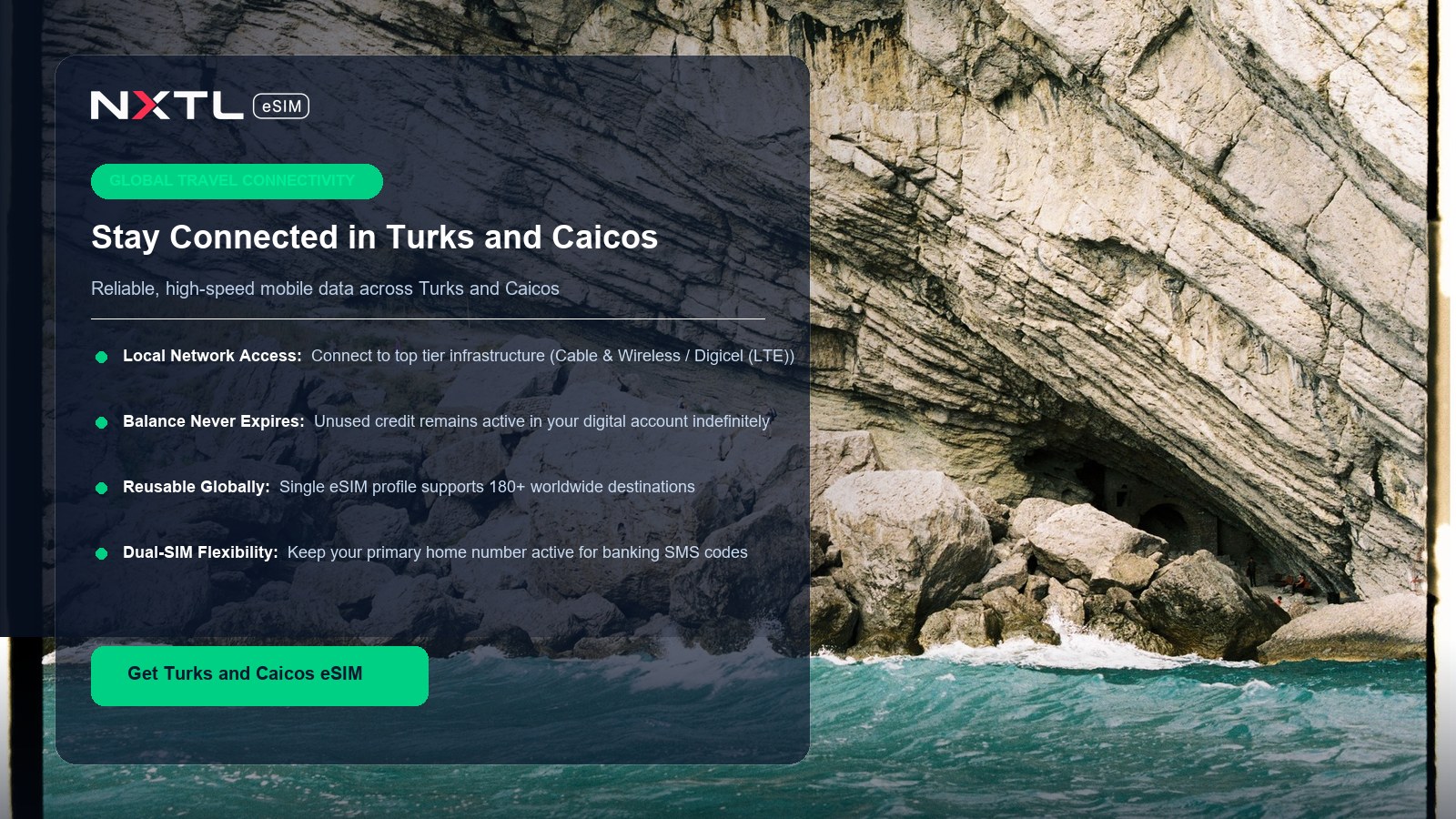 NXTL eSIM digital card for reliable mobile internet across the Turks and Caicos Islands