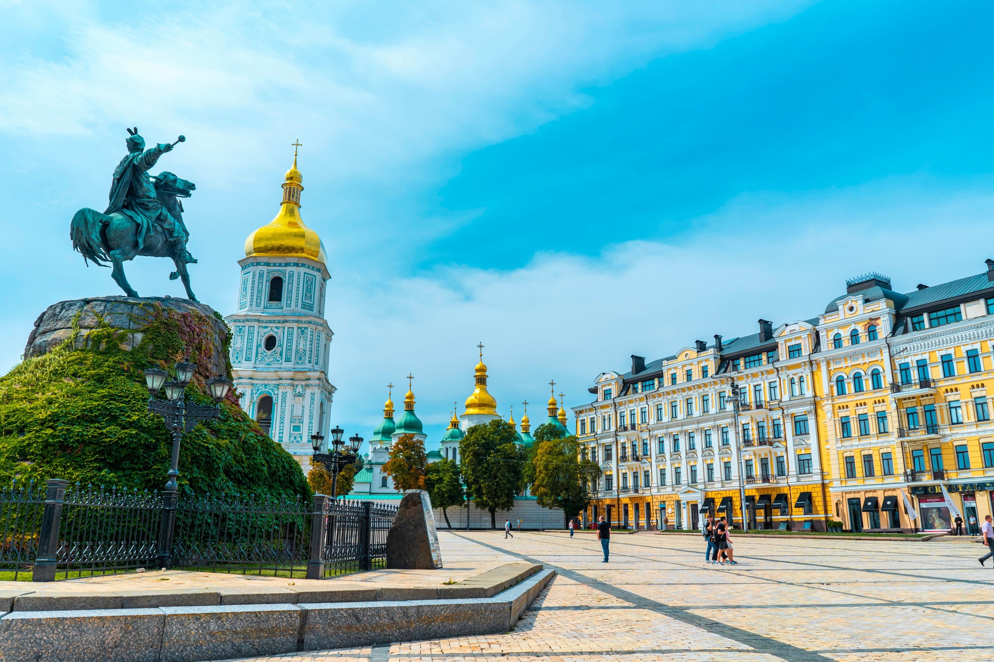 The iconic green and gold Baroque bell tower and cathedral of Saint Sophia in central Kyiv, Ukraine