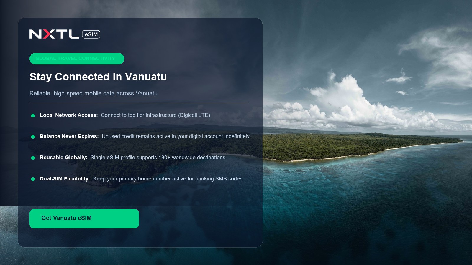 NXTL eSIM digital card for reliable mobile internet across Vanuatu