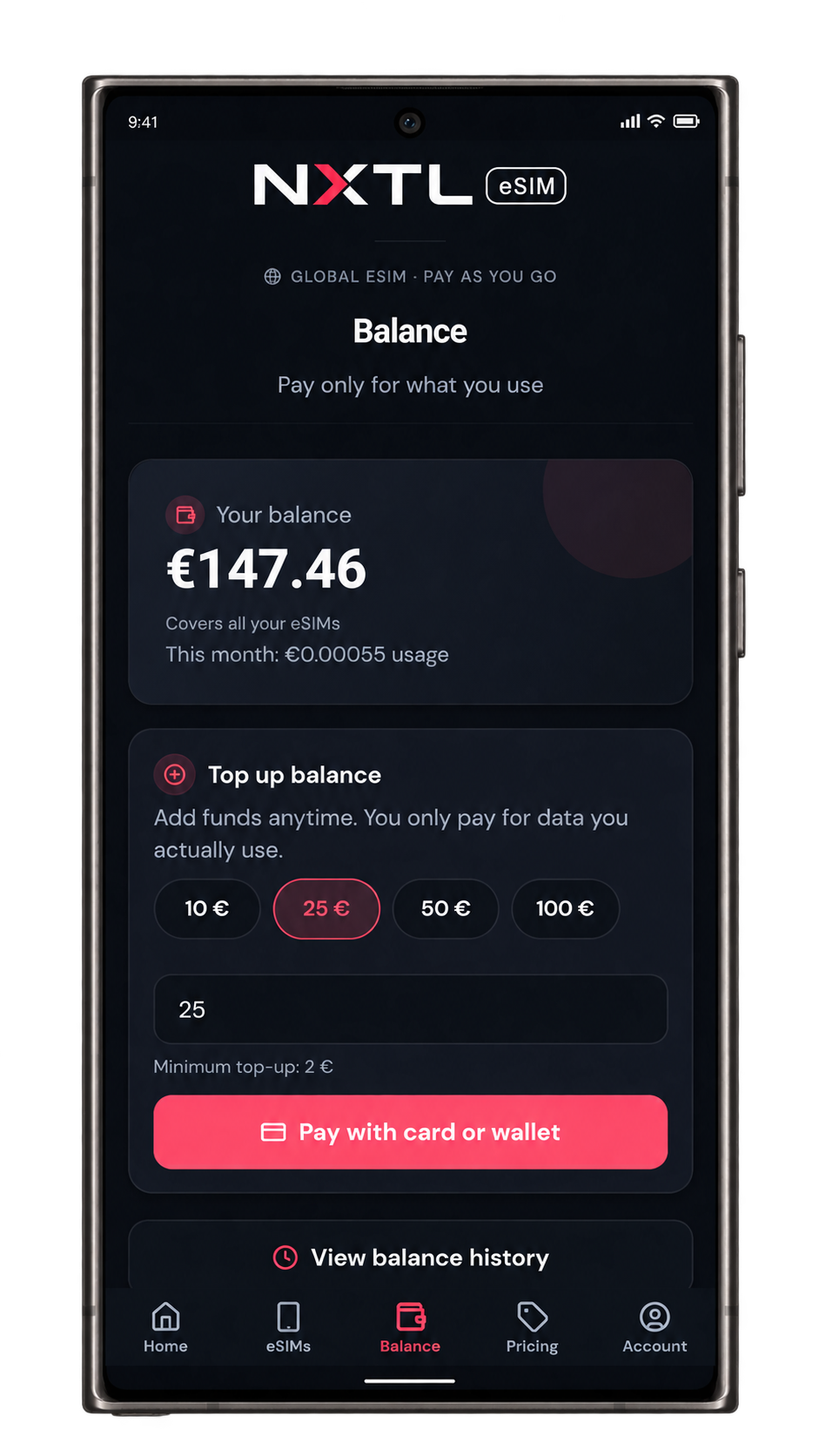 NXTL app Balance screen with shared balance and top-up controls.