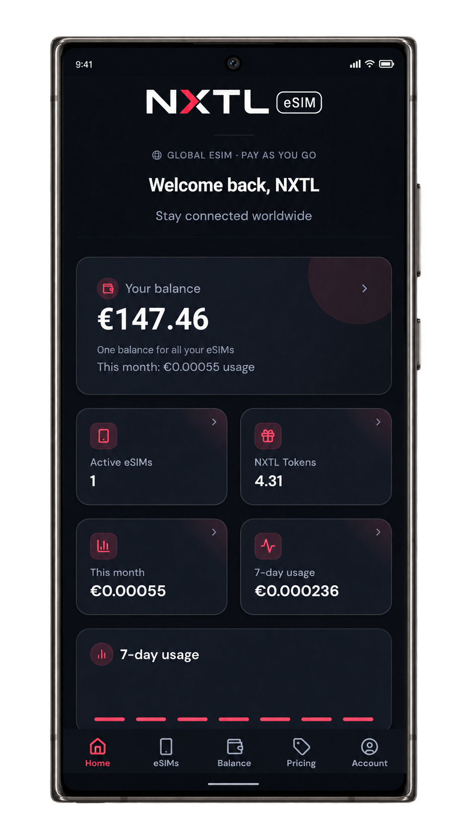 NXTL app Home screen showing shared balance, active eSIMs and usage.