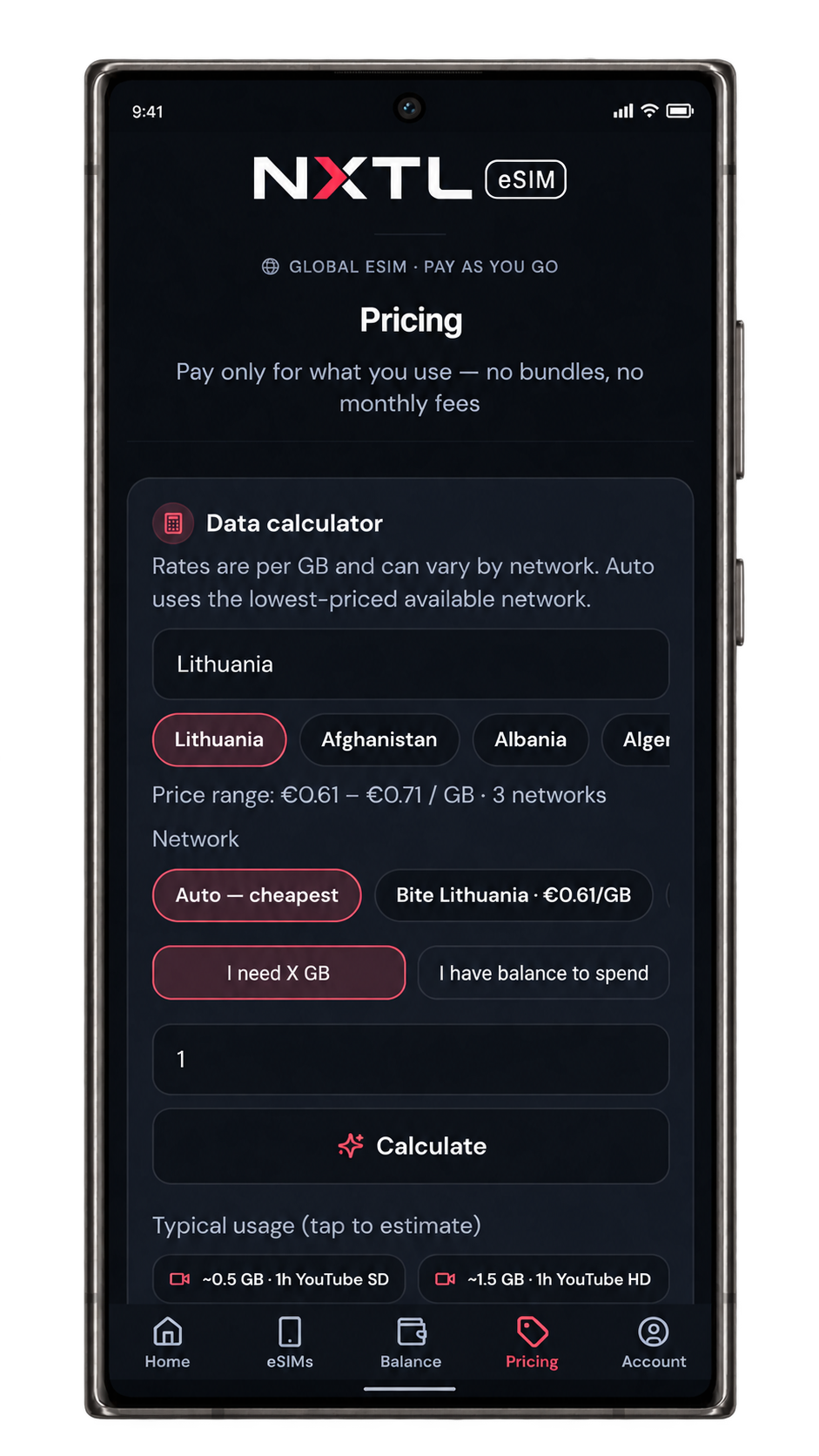NXTL app Pricing screen with destination and network rates.