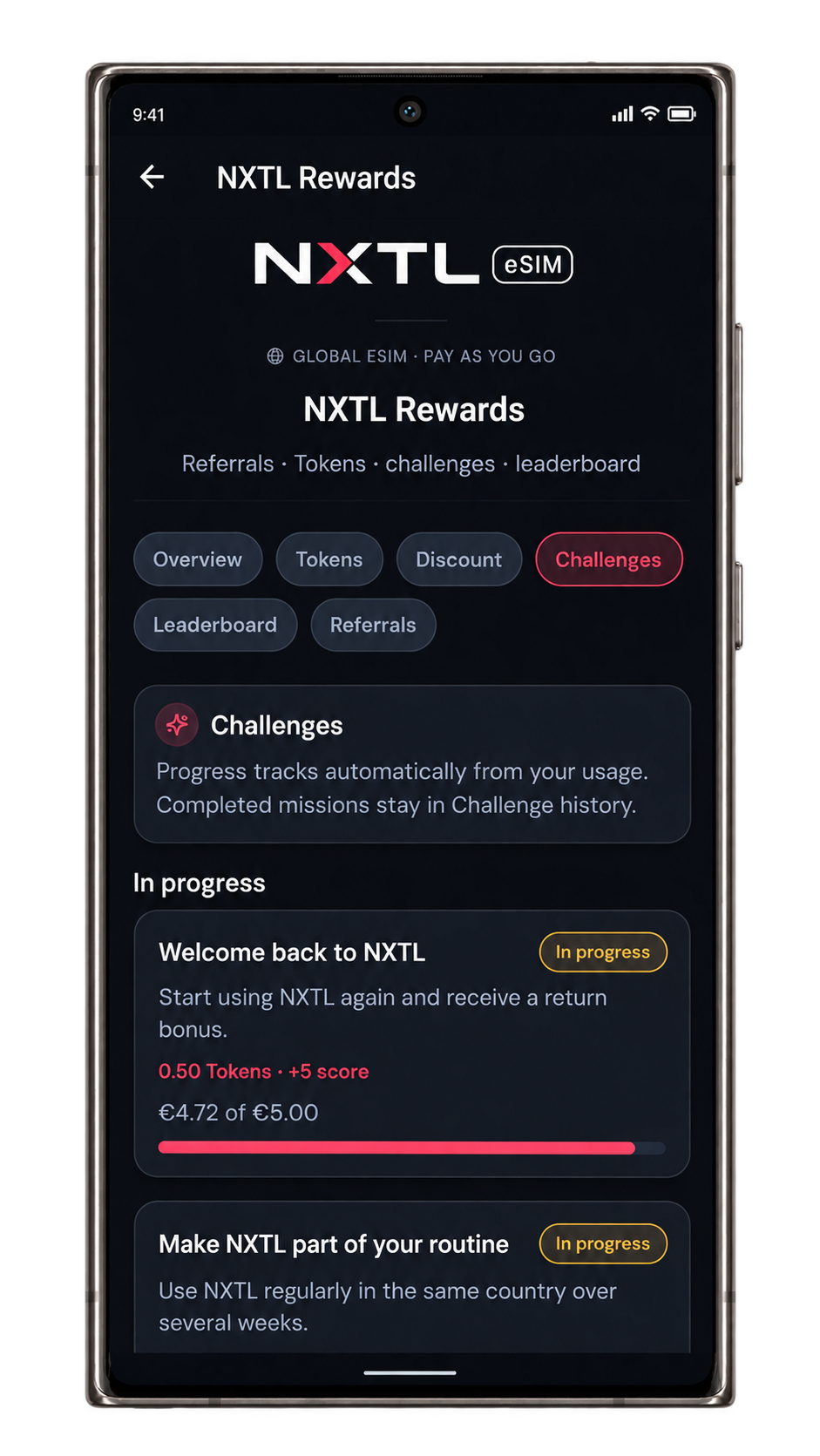 NXTL Rewards screen showing Tokens, discount tabs and challenge progress.