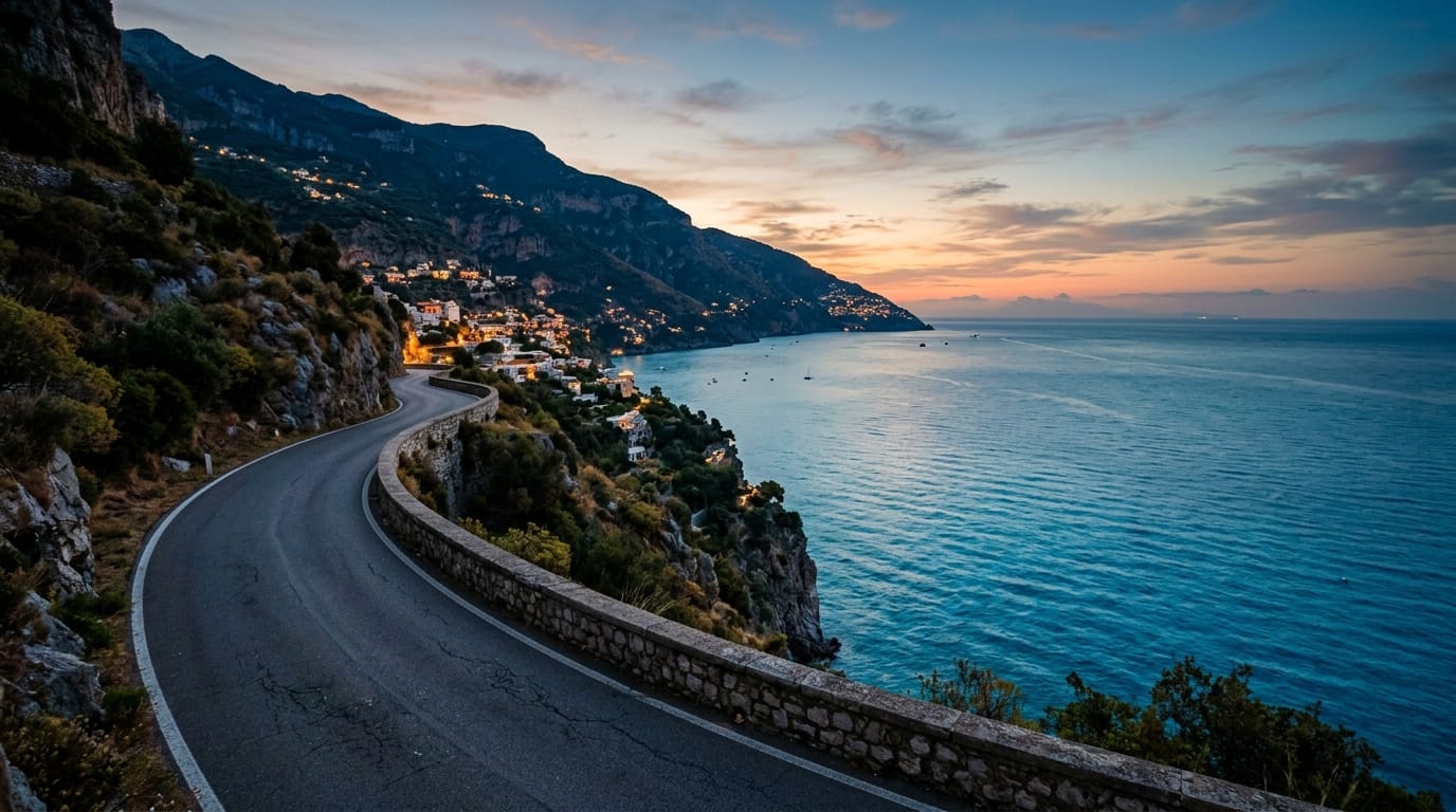 Panoramic Mediterranean coast at dusk overlooking deep sapphire waters