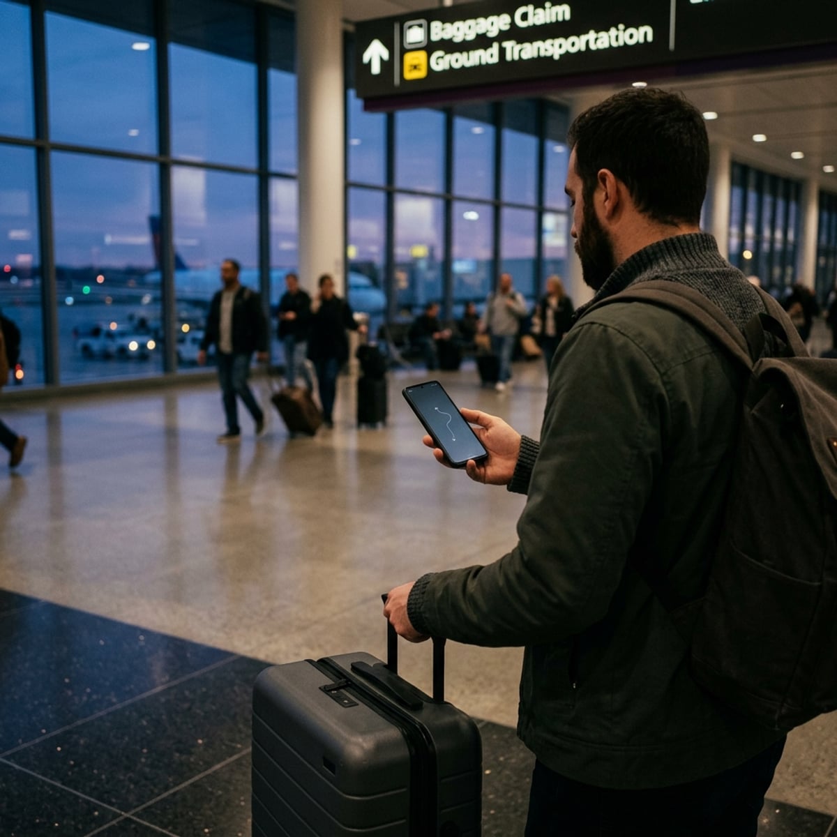 An adult traveler with a backpack and rolling suitcase checks a phone in a modern airport arrival concourse at dusk.