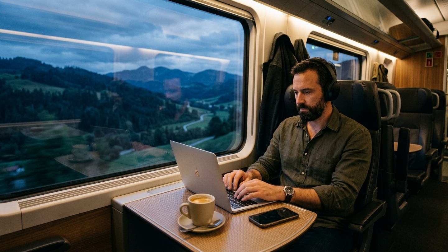 A traveler working on a laptop at a train table by the window as mountain scenery passes outside.