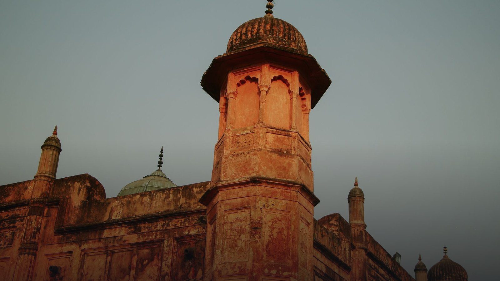 Mughal red sandstone and brick tomb monument of Pari Bibi inside the Lalbagh Fort complex in Old Dhaka