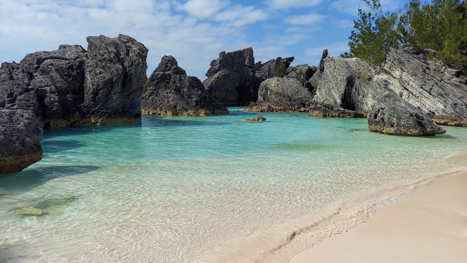 Scenic travel view of Horseshoe Bay Cove and pink sand beach in Bermuda