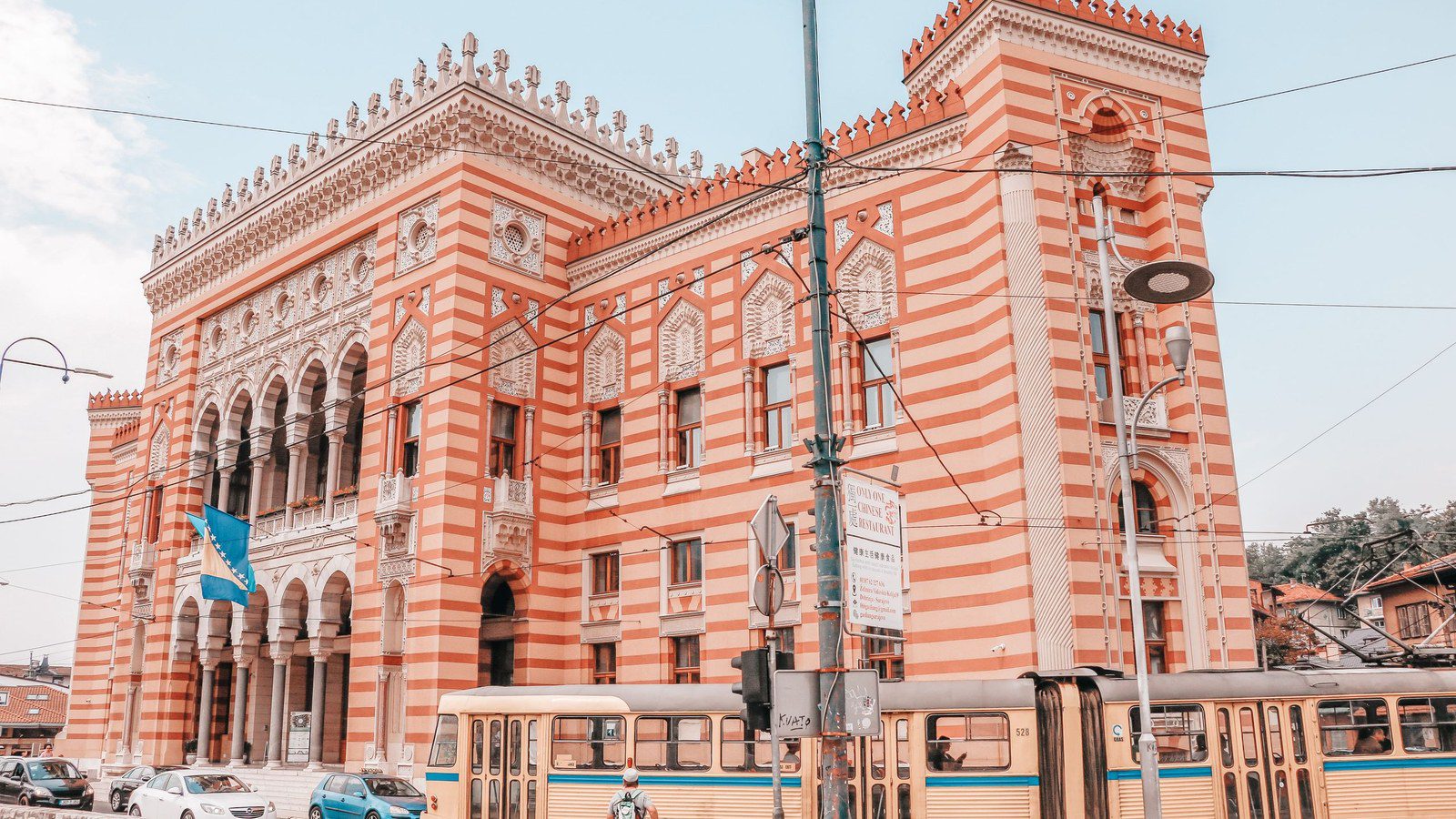 The Moorish Revival facade of Sarajevo City Hall (Vijećnica) along the Miljacka River in Sarajevo, Bosnia and Herzegovina