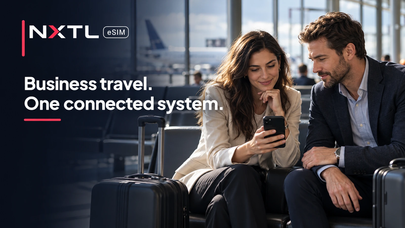 NXTL cover showing two business travellers reviewing a phone at an airport, with the headline “Business travel. One connected system.”