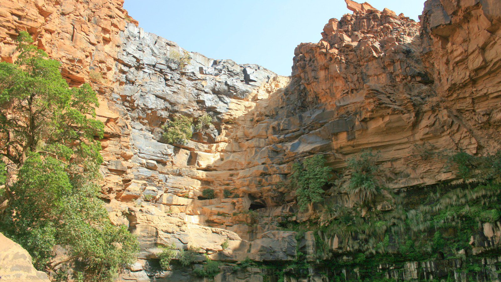 Towering natural sandstone canyon walls and camel watering pool at Guelta Maya in the Ennedi Plateau, Chad