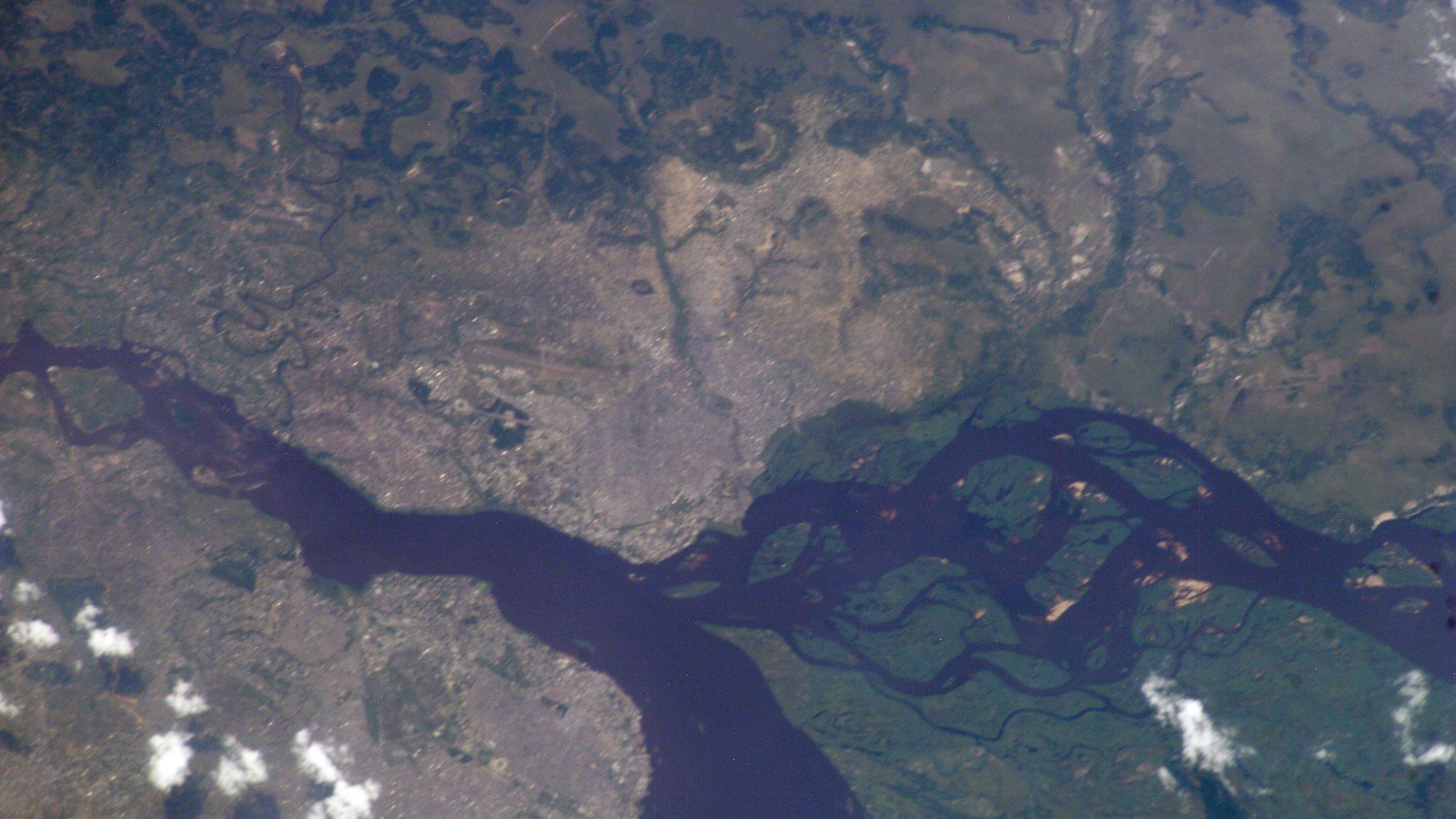 Astronaut photograph taken from the International Space Station showing Brazzaville and the expansive Congo River in the Republic of the Congo