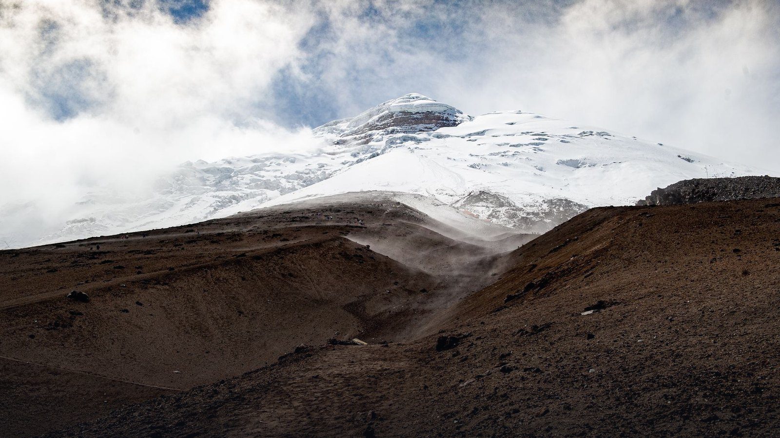 Snow-capped symmetrical volcanic cone of Cotopaxi rising above the high-altitude Andean grassland páramo