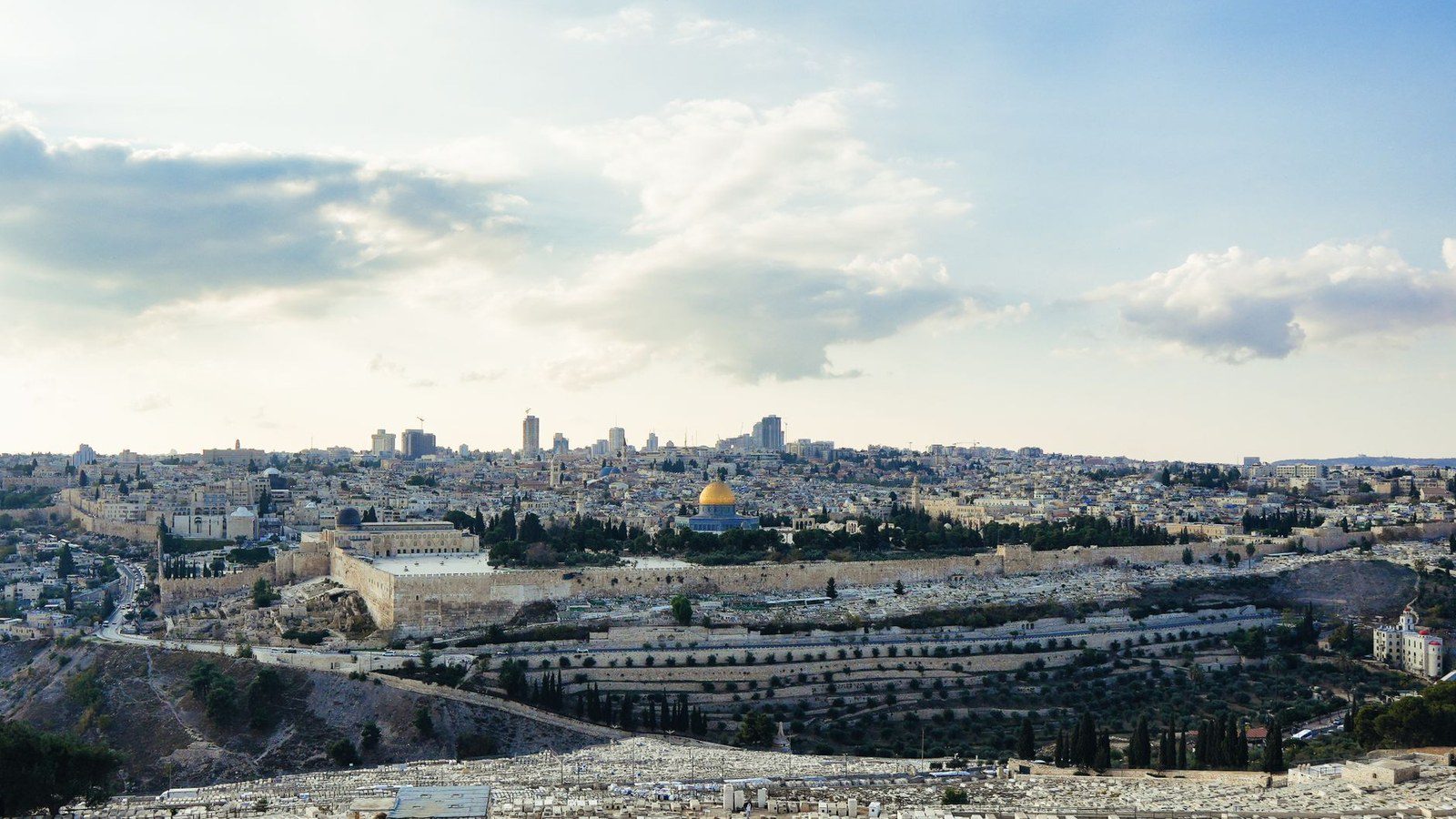 A breathtaking aerial view capturing Jerusalem's historic skyline and iconic landmarks under a bright sky.